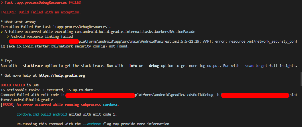 Android resource linking failed resource xml/network_security_config (aka io.ionic.starter:xml/network_security_config) not found.